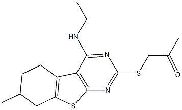 1-{[4-(ethylamino)-7-methyl-5,6,7,8-tetrahydro[1]benzothieno[2,3-d]pyrimidin-2-yl]sulfanyl}acetone Struktur