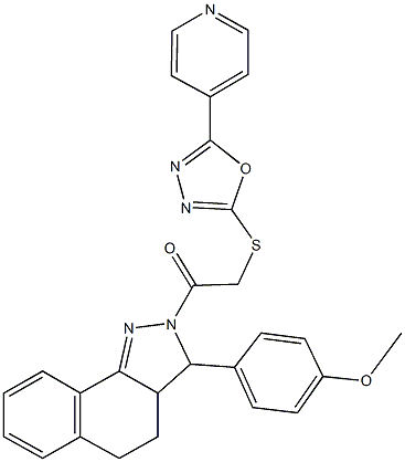 methyl 4-[2-({[5-(4-pyridinyl)-1,3,4-oxadiazol-2-yl]sulfanyl}acetyl)-3,3a,4,5-tetrahydro-2H-benzo[g]indazol-3-yl]phenyl ether Struktur