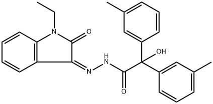 N'-(1-ethyl-2-oxo-1,2-dihydro-3H-indol-3-ylidene)-2-hydroxy-2,2-bis(3-methylphenyl)acetohydrazide Struktur