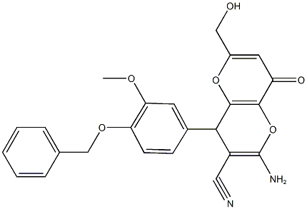 2-amino-4-[4-(benzyloxy)-3-methoxyphenyl]-6-(hydroxymethyl)-8-oxo-4,8-dihydropyrano[3,2-b]pyran-3-carbonitrile Struktur