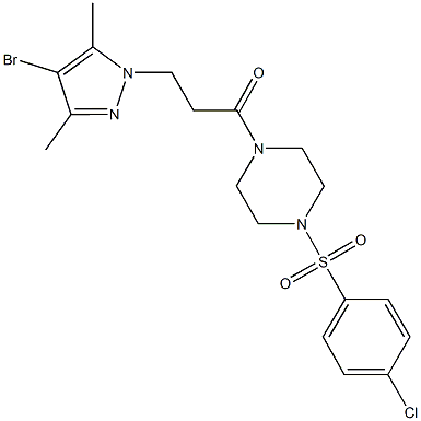 1-[3-(4-bromo-3,5-dimethyl-1H-pyrazol-1-yl)propanoyl]-4-[(4-chlorophenyl)sulfonyl]piperazine Struktur