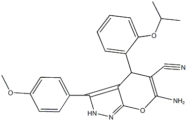 6-amino-4-(2-isopropoxyphenyl)-3-(4-methoxyphenyl)-2,4-dihydropyrano[2,3-c]pyrazole-5-carbonitrile Struktur