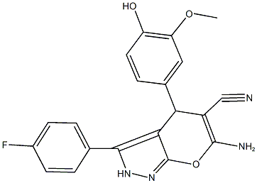 6-amino-3-(4-fluorophenyl)-4-(4-hydroxy-3-methoxyphenyl)-2,4-dihydropyrano[2,3-c]pyrazole-5-carbonitrile Struktur