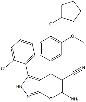 6-amino-3-(2-chlorophenyl)-4-[4-(cyclopentyloxy)-3-methoxyphenyl]-2,4-dihydropyrano[2,3-c]pyrazole-5-carbonitrile Struktur