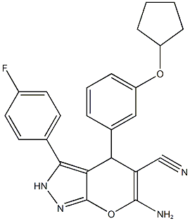 6-amino-4-[3-(cyclopentyloxy)phenyl]-3-(4-fluorophenyl)-2,4-dihydropyrano[2,3-c]pyrazole-5-carbonitrile Struktur