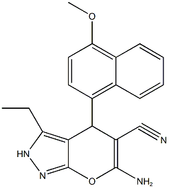 6-amino-3-ethyl-4-(4-methoxy-1-naphthyl)-2,4-dihydropyrano[2,3-c]pyrazole-5-carbonitrile Struktur