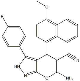 6-amino-3-(4-fluorophenyl)-4-(4-methoxy-1-naphthyl)-2,4-dihydropyrano[2,3-c]pyrazole-5-carbonitrile Struktur