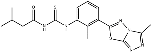 N-(3-methylbutanoyl)-N'-[2-methyl-3-(3-methyl[1,2,4]triazolo[3,4-b][1,3,4]thiadiazol-6-yl)phenyl]thiourea Struktur