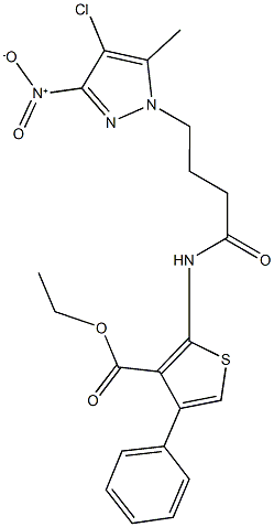 ethyl 2-[(4-{4-chloro-3-nitro-5-methyl-1H-pyrazol-1-yl}butanoyl)amino]-4-phenyl-3-thiophenecarboxylate Struktur