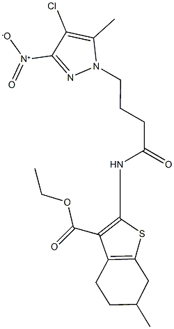 ethyl 2-[(4-{4-chloro-3-nitro-5-methyl-1H-pyrazol-1-yl}butanoyl)amino]-6-methyl-4,5,6,7-tetrahydro-1-benzothiophene-3-carboxylate Struktur