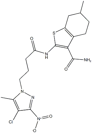 2-[(4-{4-chloro-3-nitro-5-methyl-1H-pyrazol-1-yl}butanoyl)amino]-6-methyl-4,5,6,7-tetrahydro-1-benzothiophene-3-carboxamide Struktur