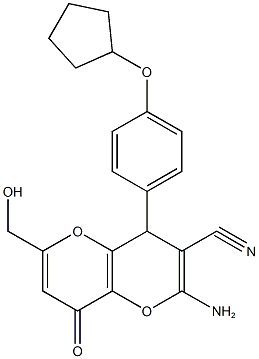 2-amino-4-[4-(cyclopentyloxy)phenyl]-6-(hydroxymethyl)-8-oxo-4,8-dihydropyrano[3,2-b]pyran-3-carbonitrile Struktur