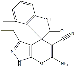 6'-amino-3'-ethyl-4-methyl-2-oxo-1,1',3,4'-tetrahydrospiro(2H-indole-3,4'-pyrano[2,3-c]pyrazole)-5'-carbonitrile Struktur