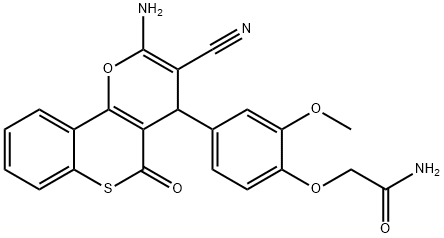 2-[4-(2-amino-3-cyano-5-oxo-4H,5H-thiochromeno[4,3-b]pyran-4-yl)-2-methoxyphenoxy]acetamide Struktur