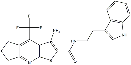 3-amino-N-[2-(1H-indol-3-yl)ethyl]-4-(trifluoromethyl)-6,7-dihydro-5H-cyclopenta[b]thieno[3,2-e]pyridine-2-carboxamide Struktur