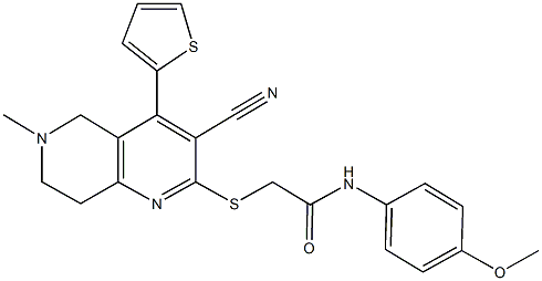 2-{[3-cyano-6-methyl-4-(2-thienyl)-5,6,7,8-tetrahydro[1,6]naphthyridin-2-yl]sulfanyl}-N-(4-methoxyphenyl)acetamide Struktur