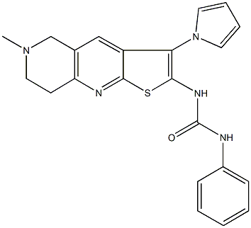 N-[6-methyl-3-(1H-pyrrol-1-yl)-5,6,7,8-tetrahydrothieno[2,3-b][1,6]naphthyridin-2-yl]-N'-phenylurea Struktur