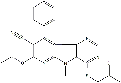 7-ethoxy-5-methyl-4-[(2-oxopropyl)sulfanyl]-9-phenyl-5H-pyrido[3',2':4,5]pyrrolo[3,2-d]pyrimidine-8-carbonitrile Struktur