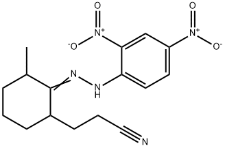 3-[2-({2,4-dinitrophenyl}hydrazono)-3-methylcyclohexyl]propanenitrile Struktur