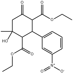 diethyl 4-hydroxy-2-{3-nitrophenyl}-4-methyl-6-oxo-1,3-cyclohexanedicarboxylate Struktur