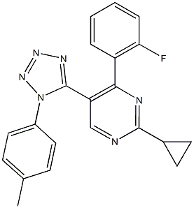 2-cyclopropyl-4-(2-fluorophenyl)-5-[1-(4-methylphenyl)-1H-tetraazol-5-yl]pyrimidine Struktur