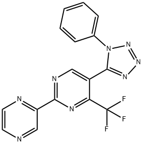 5-(1-phenyl-1H-tetraazol-5-yl)-2-(2-pyrazinyl)-4-(trifluoromethyl)pyrimidine Struktur