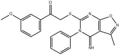 2-[(4-imino-3-methyl-5-phenyl-4,5-dihydroisoxazolo[5,4-d]pyrimidin-6-yl)sulfanyl]-1-(3-methoxyphenyl)ethanone Struktur