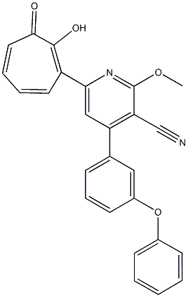 6-(2-hydroxy-3-oxo-1,4,6-cycloheptatrien-1-yl)-2-methoxy-4-(3-phenoxyphenyl)nicotinonitrile Struktur