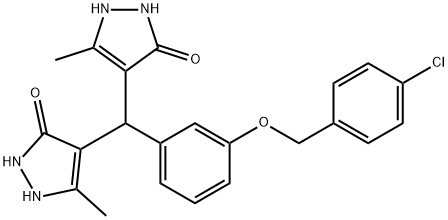 4-[{3-[(4-chlorobenzyl)oxy]phenyl}(5-hydroxy-3-methyl-1H-pyrazol-4-yl)methyl]-3-methyl-1H-pyrazol-5-ol Struktur