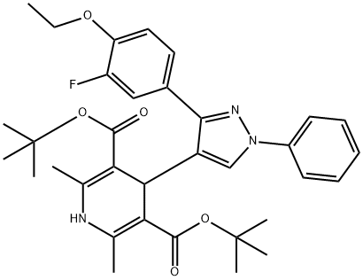 di(tert-butyl) 4-[3-(4-ethoxy-3-fluorophenyl)-1-phenyl-1H-pyrazol-4-yl]-2,6-dimethyl-1,4-dihydropyridine-3,5-dicarboxylate Struktur