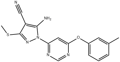 5-amino-1-[6-(3-methylphenoxy)-4-pyrimidinyl]-3-(methylsulfanyl)-1H-pyrazole-4-carbonitrile Struktur