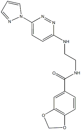 N-(2-{[6-(1H-pyrazol-1-yl)-3-pyridazinyl]amino}ethyl)-1,3-benzodioxole-5-carboxamide Struktur