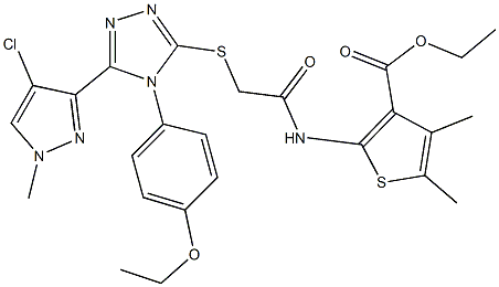 ethyl 2-[({[5-(4-chloro-1-methyl-1H-pyrazol-3-yl)-4-(4-ethoxyphenyl)-4H-1,2,4-triazol-3-yl]sulfanyl}acetyl)amino]-4,5-dimethyl-3-thiophenecarboxylate Struktur