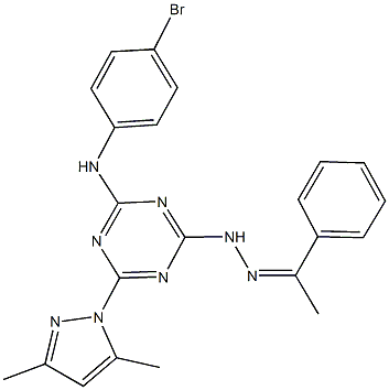 1-phenylethanone [4-(4-bromoanilino)-6-(3,5-dimethyl-1H-pyrazol-1-yl)-1,3,5-triazin-2-yl]hydrazone Struktur