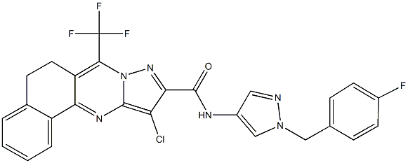 11-chloro-N-[1-(4-fluorobenzyl)-1H-pyrazol-4-yl]-7-(trifluoromethyl)-5,6-dihydrobenzo[h]pyrazolo[5,1-b]quinazoline-10-carboxamide Struktur