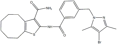 2-({3-[(4-bromo-3,5-dimethyl-1H-pyrazol-1-yl)methyl]benzoyl}amino)-4,5,6,7,8,9-hexahydrocycloocta[b]thiophene-3-carboxamide Struktur