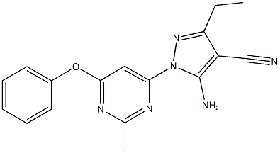 5-amino-3-ethyl-1-(2-methyl-6-phenoxy-4-pyrimidinyl)-1H-pyrazole-4-carbonitrile Struktur