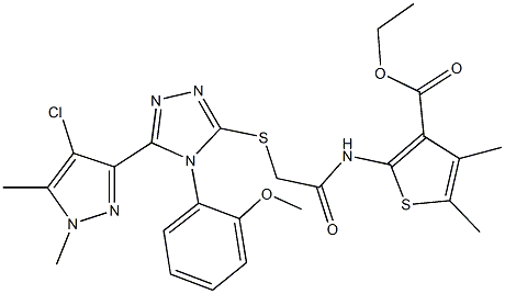 ethyl 2-[({[5-(4-chloro-1,5-dimethyl-1H-pyrazol-3-yl)-4-(2-methoxyphenyl)-4H-1,2,4-triazol-3-yl]sulfanyl}acetyl)amino]-4,5-dimethyl-3-thiophenecarboxylate Struktur