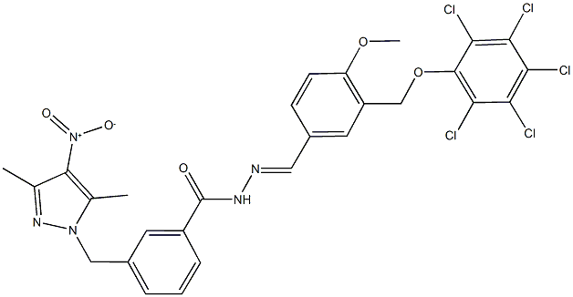 3-({4-nitro-3,5-dimethyl-1H-pyrazol-1-yl}methyl)-N'-{4-methoxy-3-[(2,3,4,5,6-pentachlorophenoxy)methyl]benzylidene}benzohydrazide Struktur