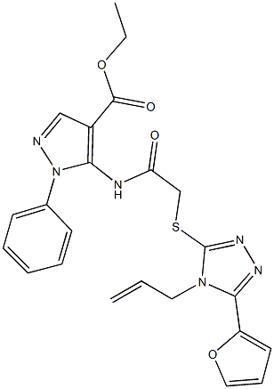 ethyl 5-[({[4-allyl-5-(2-furyl)-4H-1,2,4-triazol-3-yl]sulfanyl}acetyl)amino]-1-phenyl-1H-pyrazole-4-carboxylate Struktur