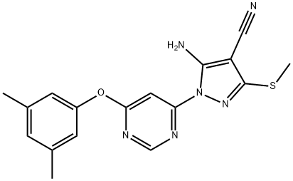 5-amino-1-[6-(3,5-dimethylphenoxy)-4-pyrimidinyl]-3-(methylsulfanyl)-1H-pyrazole-4-carbonitrile Struktur