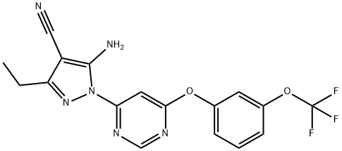 5-amino-3-ethyl-1-{6-[3-(trifluoromethoxy)phenoxy]-4-pyrimidinyl}-1H-pyrazole-4-carbonitrile Struktur