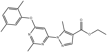 ethyl 1-[6-(2,5-dimethylphenoxy)-2-methyl-4-pyrimidinyl]-5-methyl-1H-pyrazole-4-carboxylate Struktur