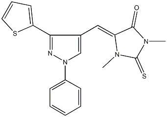 1,3-dimethyl-5-{[1-phenyl-3-(2-thienyl)-1H-pyrazol-4-yl]methylene}-2-thioxo-4-imidazolidinone Struktur