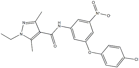 N-{3-(4-chlorophenoxy)-5-nitrophenyl}-1-ethyl-3,5-dimethyl-1H-pyrazole-4-carboxamide Struktur