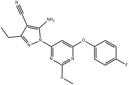 5-amino-3-ethyl-1-[6-(4-fluorophenoxy)-2-(methylsulfanyl)-4-pyrimidinyl]-1H-pyrazole-4-carbonitrile Struktur