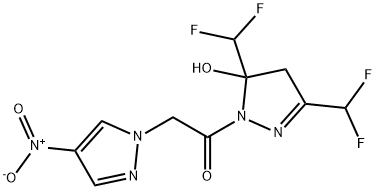 3,5-bis(difluoromethyl)-1-({4-nitro-1H-pyrazol-1-yl}acetyl)-4,5-dihydro-1H-pyrazol-5-ol Struktur