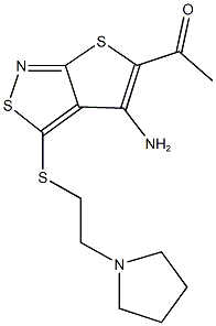 1-(4-amino-3-{[2-(1-pyrrolidinyl)ethyl]sulfanyl}thieno[2,3-c]isothiazol-5-yl)ethanone Struktur