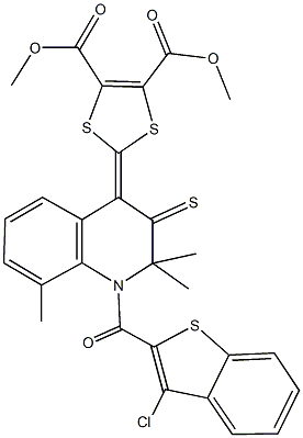 dimethyl 2-(1-[(3-chloro-1-benzothien-2-yl)carbonyl]-2,2,8-trimethyl-3-thioxo-2,3-dihydro-4(1H)-quinolinylidene)-1,3-dithiole-4,5-dicarboxylate Struktur