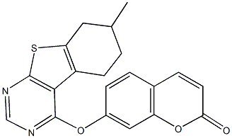 7-[(7-methyl-5,6,7,8-tetrahydro[1]benzothieno[2,3-d]pyrimidin-4-yl)oxy]-2H-chromen-2-one Struktur